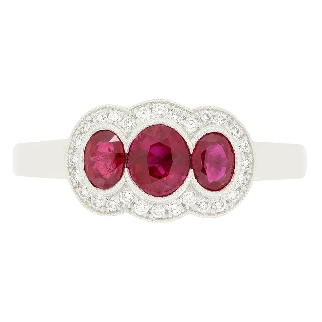 Contemporary 0.60ct Ruby and Diamond Three Stone Cluster Ring
