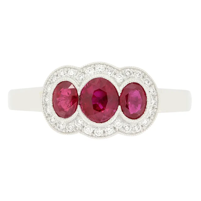 Contemporary 0.60ct Ruby and Diamond Three Stone Cluster Ring