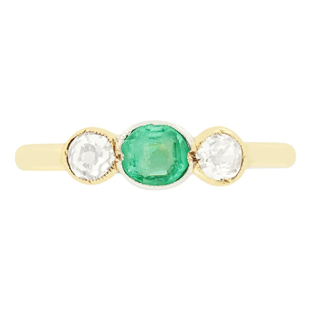Edwardian 0.35ct Emerald and Diamond Three Stone Ring, c.1910s