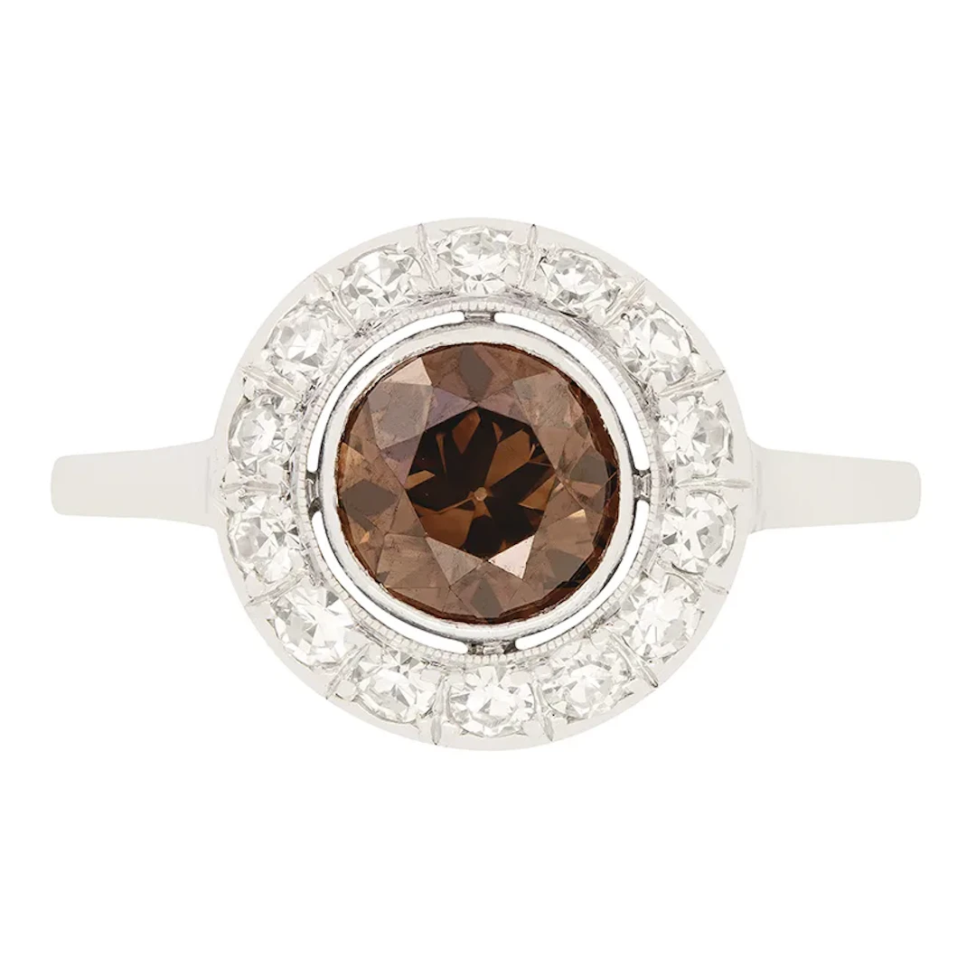 Art Deco 1.05ct Cognac Diamond Halo Ring, c.1920s