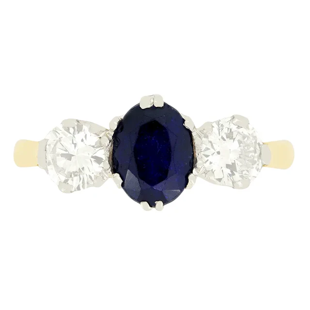 Vintage 1.35ct Sapphire and Diamond Three Stone Ring, c.1970s