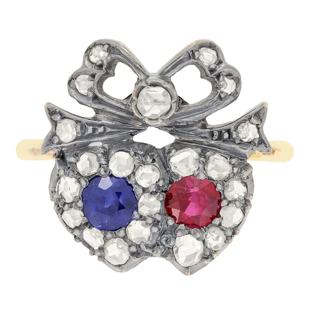 Victorian 0.35ct Sapphire and Ruby Double Heart Ring, c.1880s