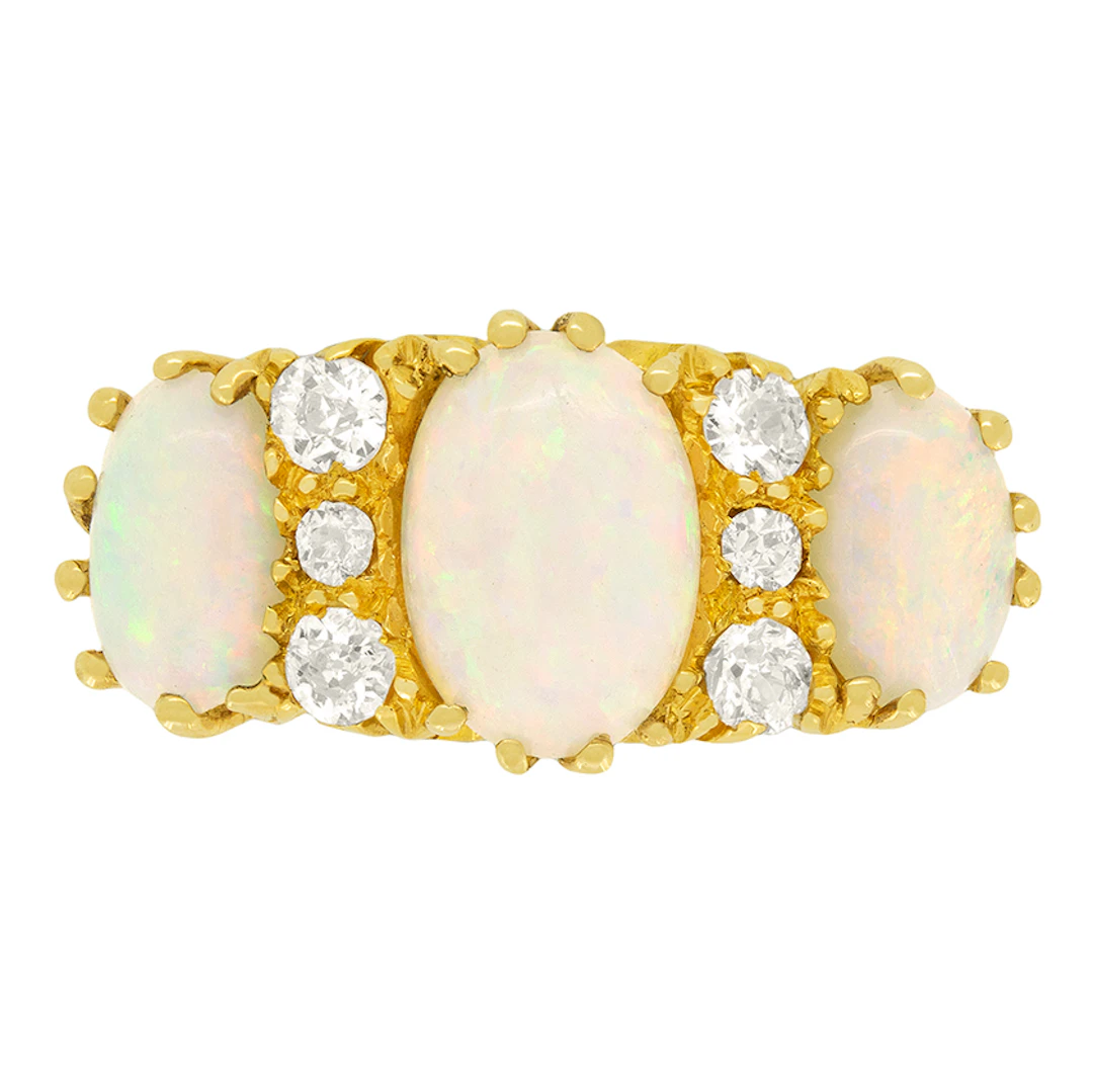 Victorian 1.10ct Opal and Diamond Three Stone Ring, c.1900s