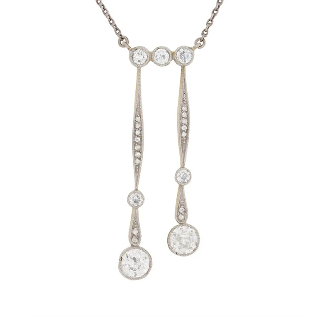 Art Deco 0.80ct Two Stone Drop Diamond Necklace, c.1920s