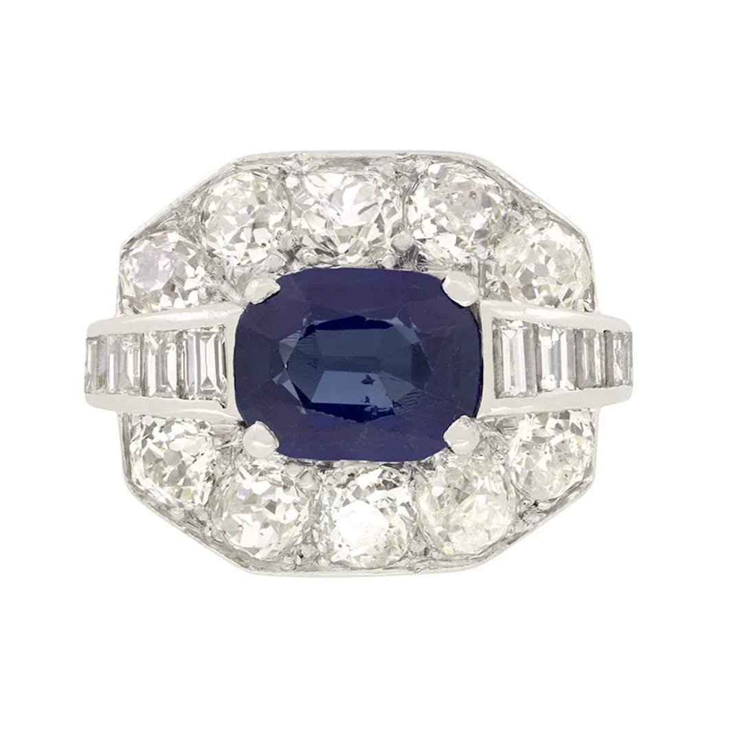 Art Deco 1.60ct Sapphire and Diamond Cluster Ring, c.1920s