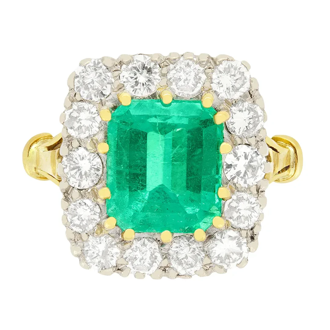 Vintage 2.60ct Emerald and Diamond Cluster Ring, c.1970s