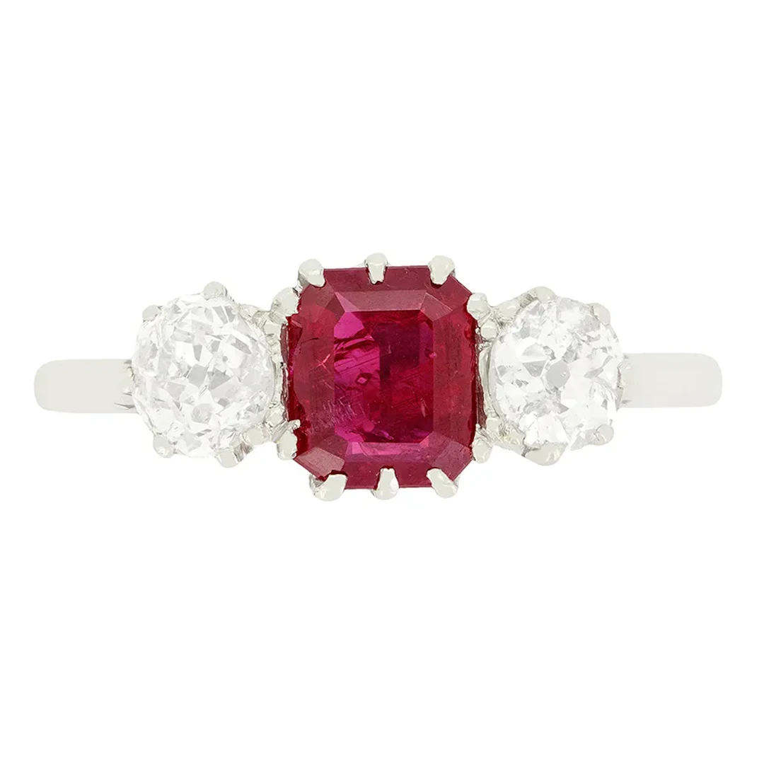 Art Deco 0.90ct Ruby and Diamond Three Stone Ring, c1920s