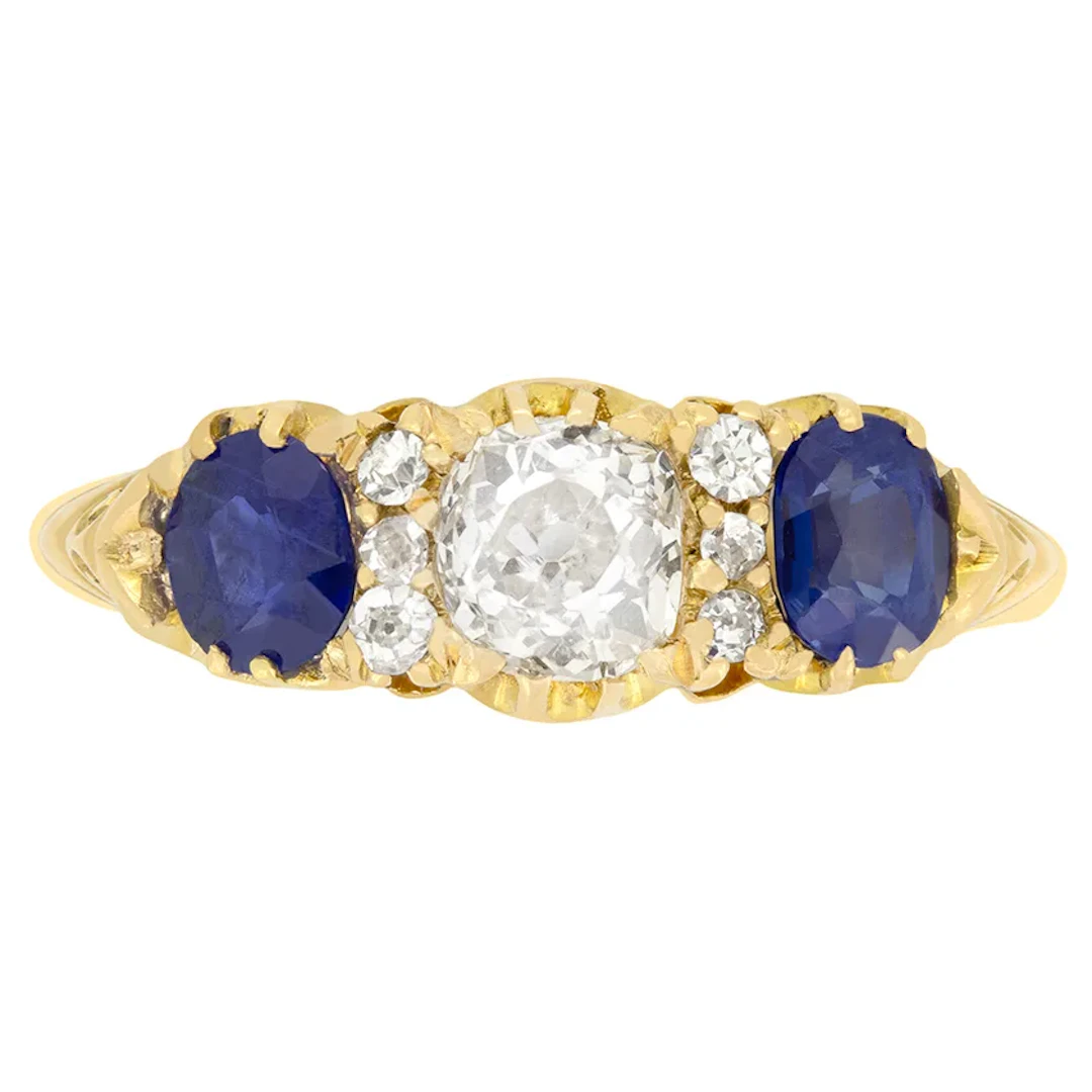 Victorian 0.60ct Diamond and Sapphire Three Stone Ring, c.1880s