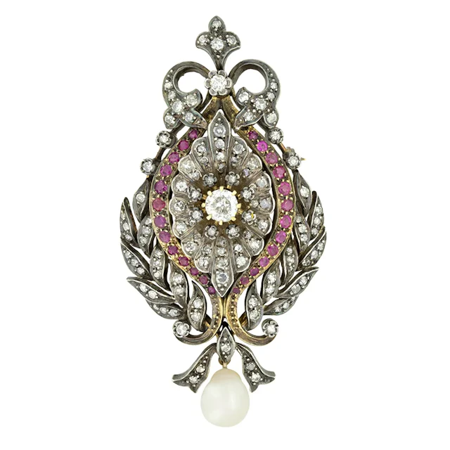 Victorian 2.30ct Diamond Ruby and Pearl Brooch Pendant, c.1900s