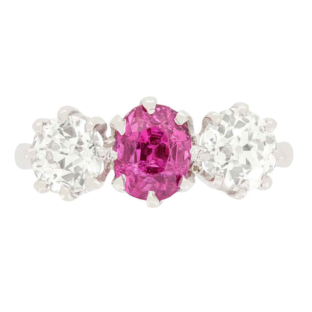 Art Deco 1.50ct Pink Sapphire and Diamond Trilogy Ring, c.1920s