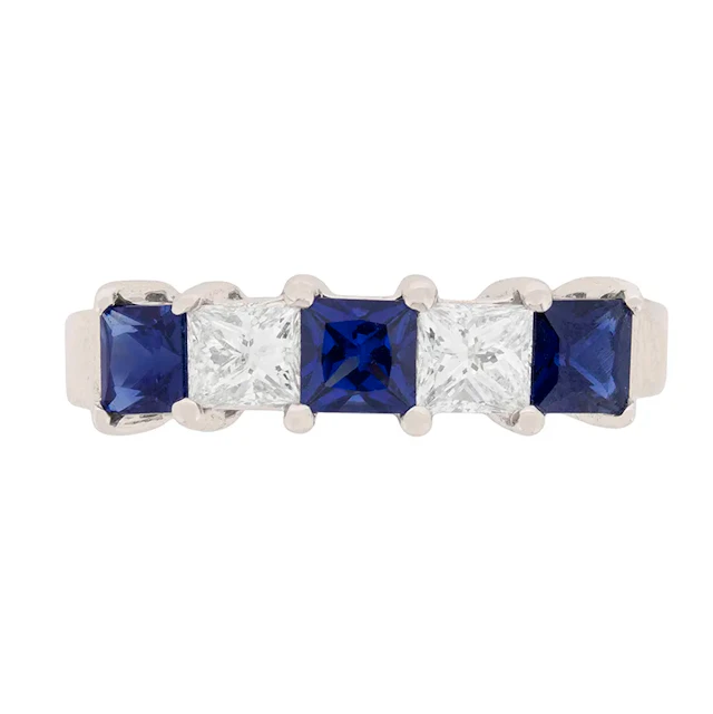 Contemporary Princess Cut Sapphire and Diamond Five Stone Ring
