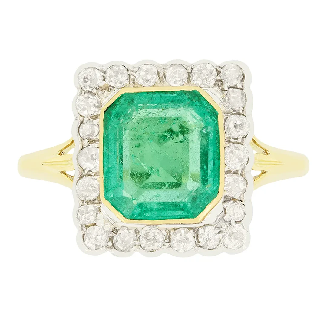 Edwardian 2.20ct Emerald and Diamond Cluster Ring, c.1910s