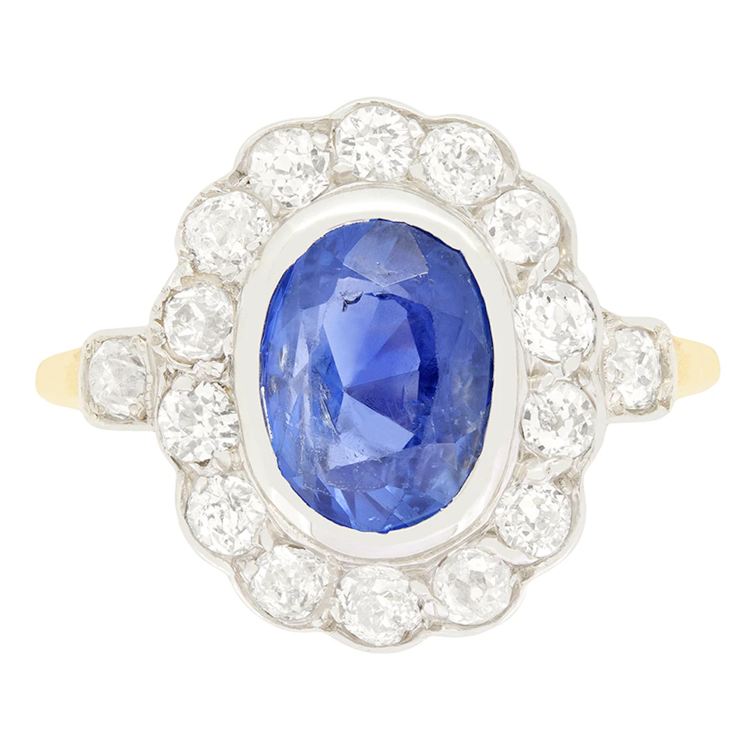 Edwardian 2.20ct Sapphire and Diamond Cluster Ring, c.1910s