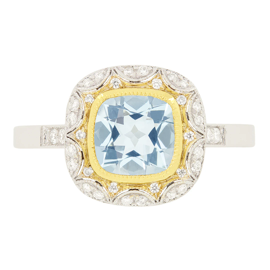 Vintage 1.00ct Aquamarine and Diamond Cluster Ring, c.1970s