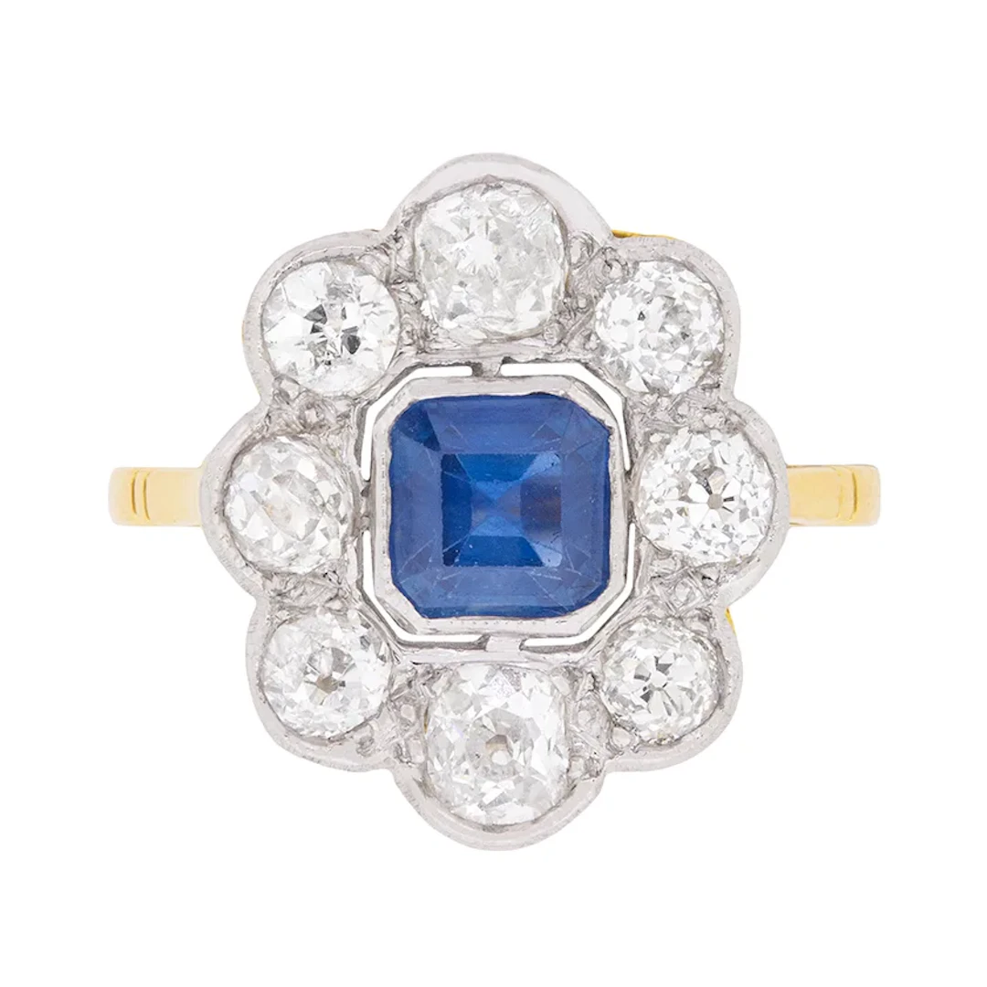 Art Deco Asscher Cut Sapphire and Diamond Ring, c.1920s