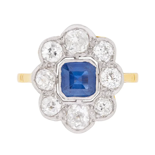 Art Deco Asscher Cut Sapphire and Diamond Ring, c.1920s