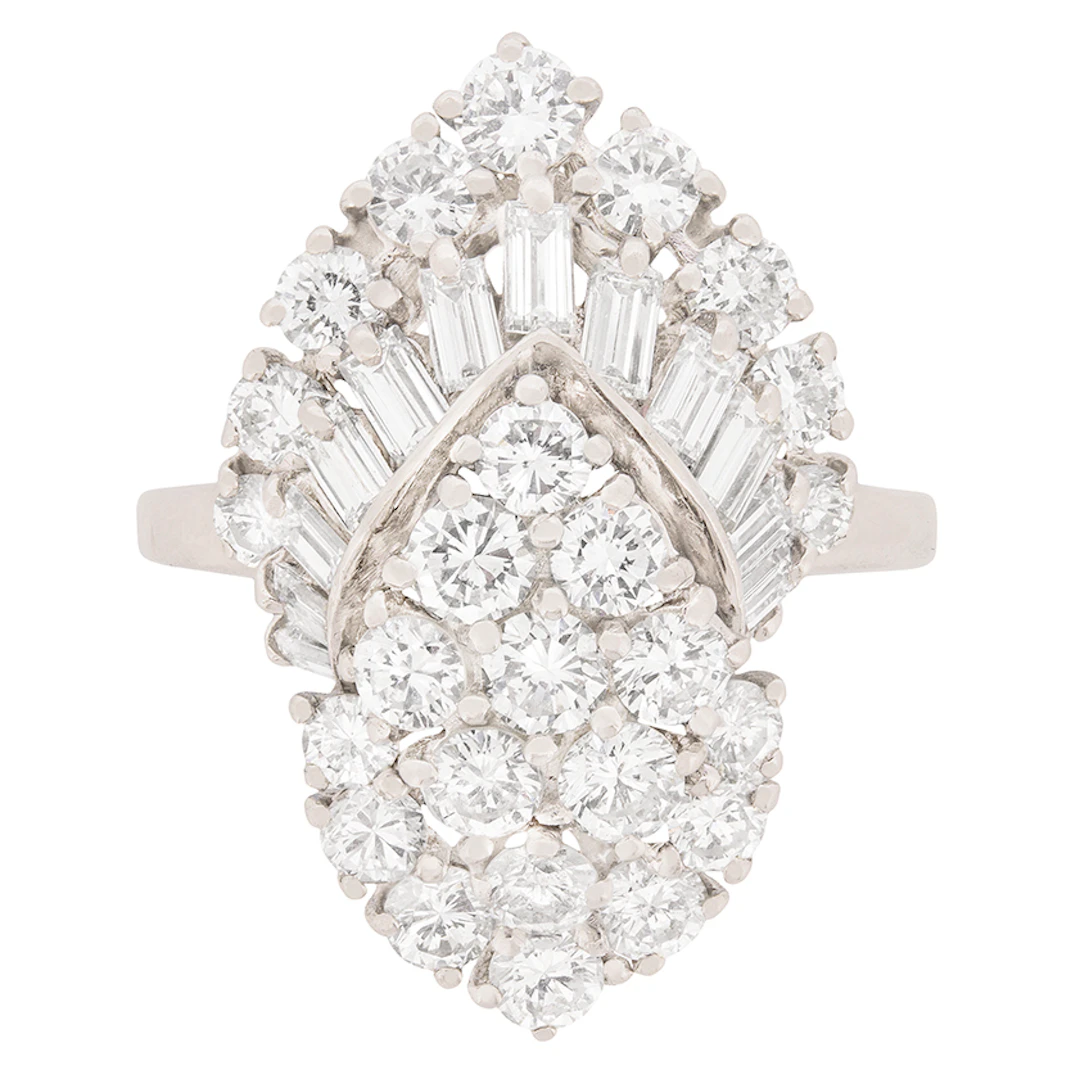Late Deco 3.65ct Diamond Cluster Cocktail Ring, c.1940s