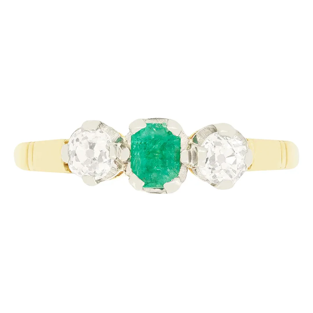 Edwardian 0.30ct Emerald and Diamond Trilogy Ring, c.1910s
