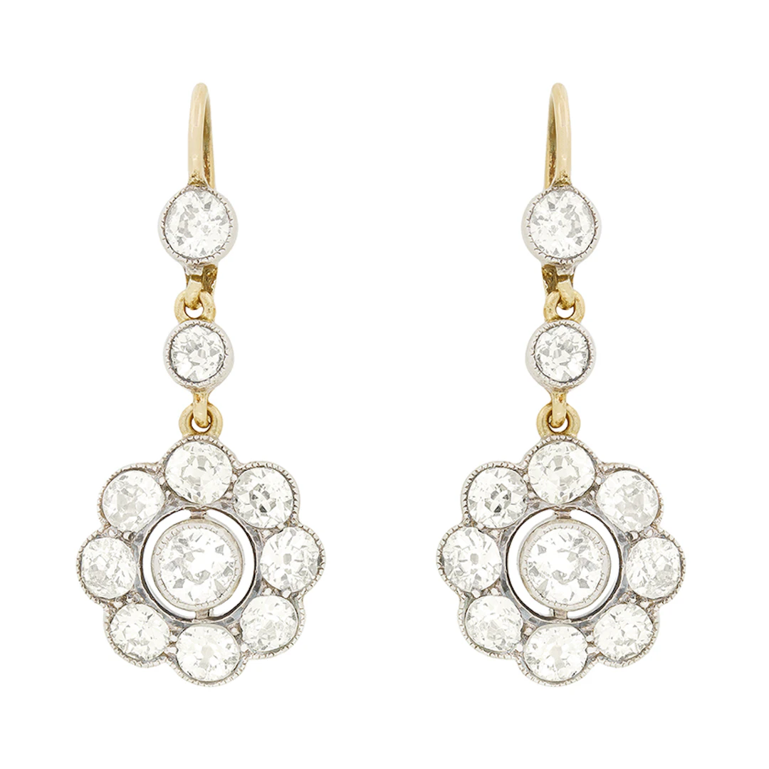 Edwardian 3.30ct Diamond Daisy Drop Earrings, c.1910s