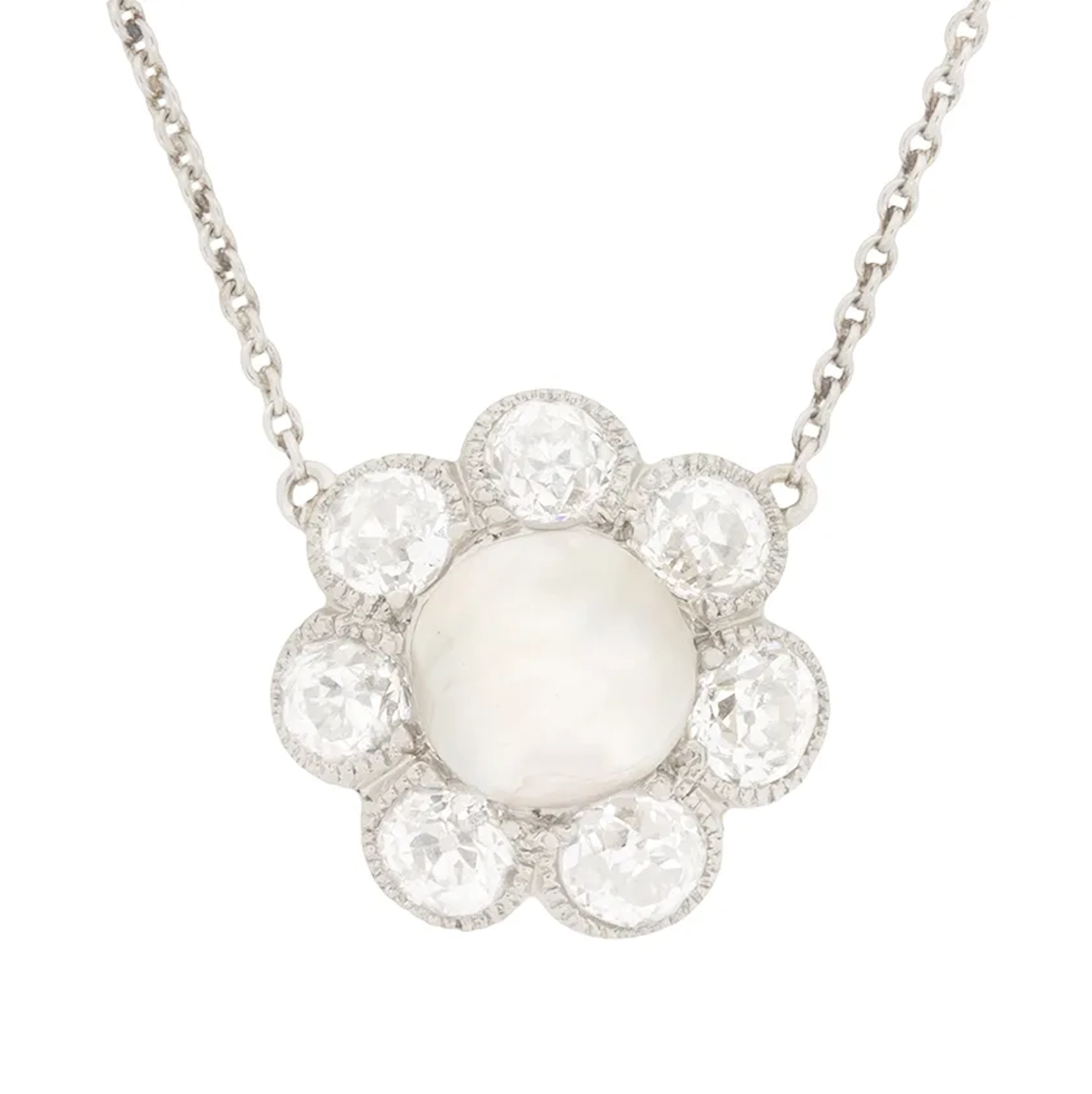 Victorian Natural Pearl and Diamond Flower Necklace, c.1900s