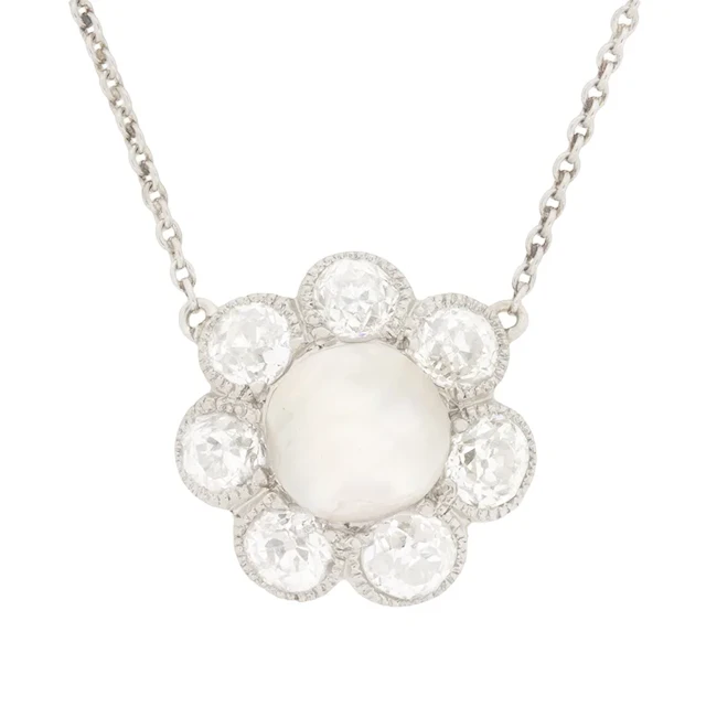 Victorian Natural Pearl and Diamond Flower Necklace, c.1900s