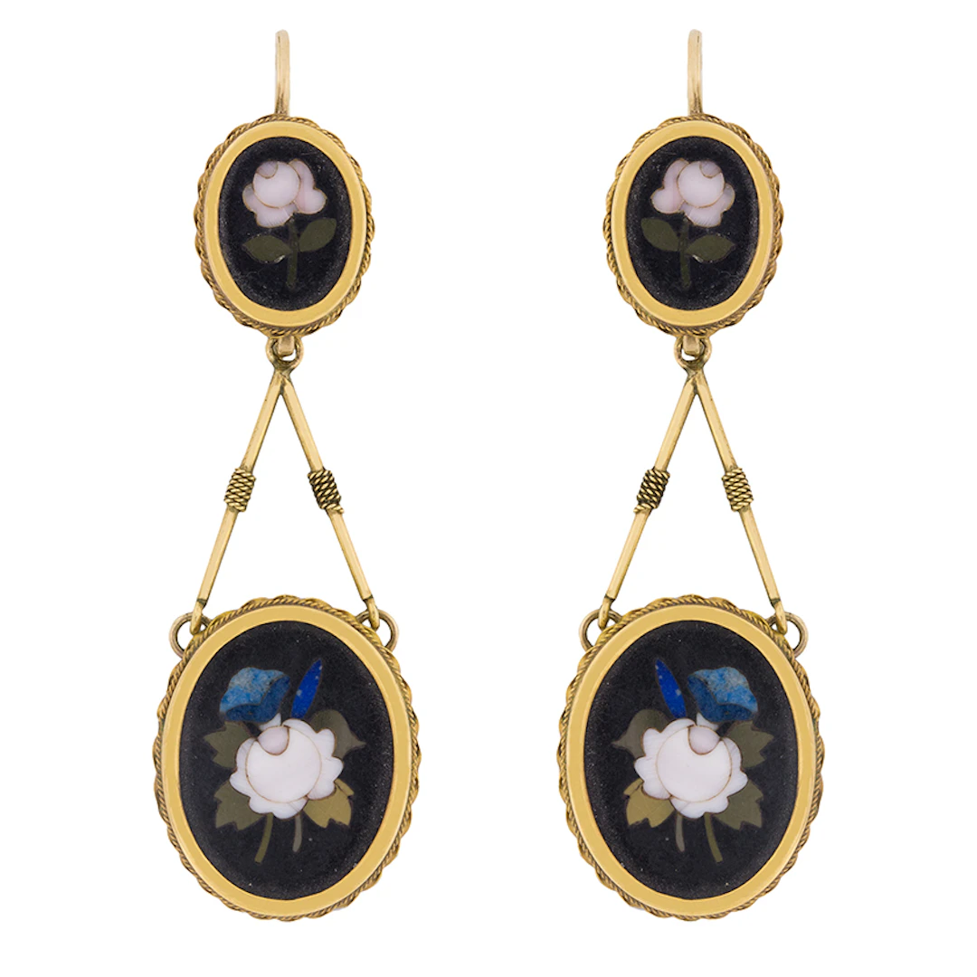 Antique Pietra Dura Drop Earrings and Pendant with Rose Motif