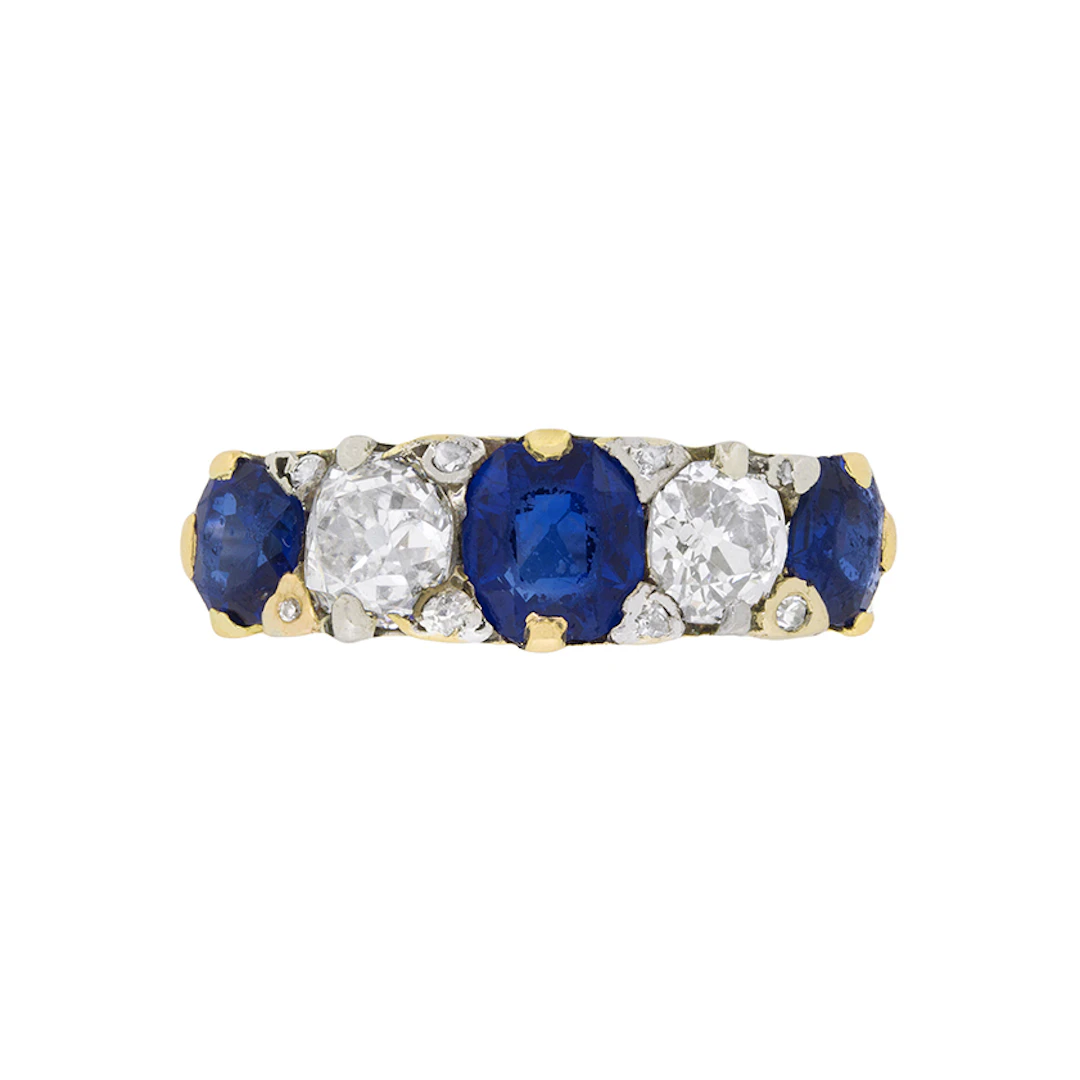 Late Victorian Sapphire and Diamond Five Stone Ring, c.1900s