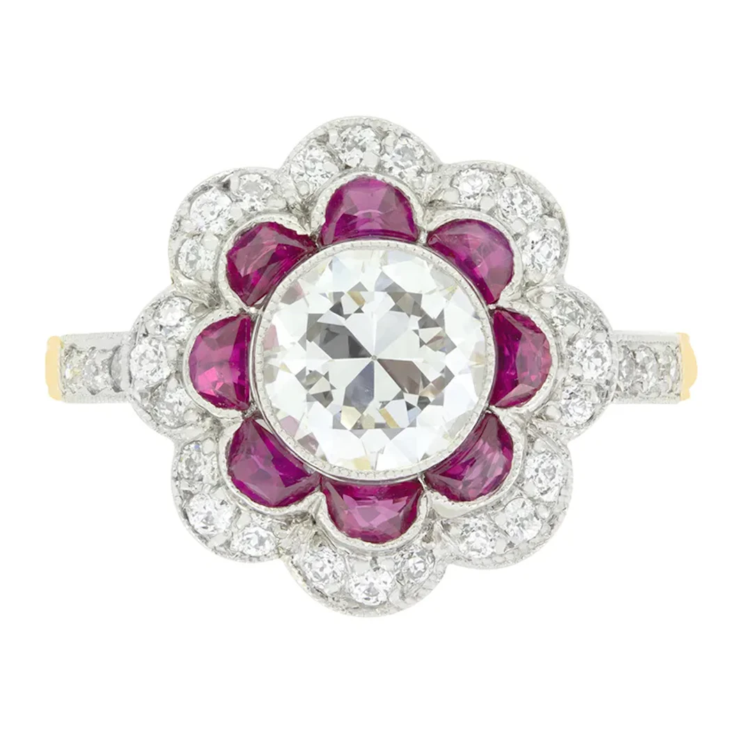 Edwardian 1.35ct Diamond and Ruby Target Ring, c.1910s