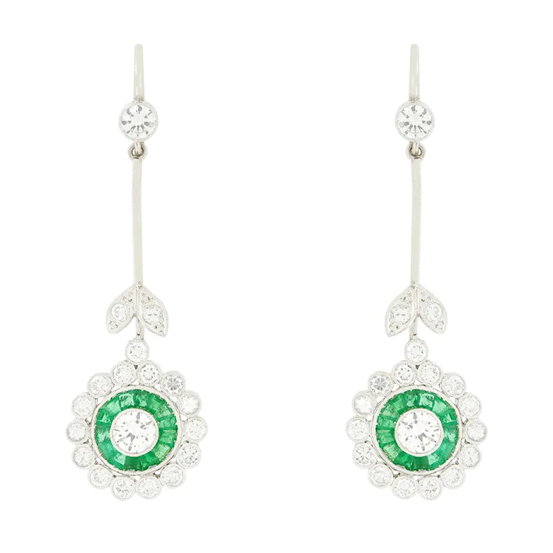 Late Deco 2.90ct Diamond and Emerald Target Drop Earrings, c.1940s