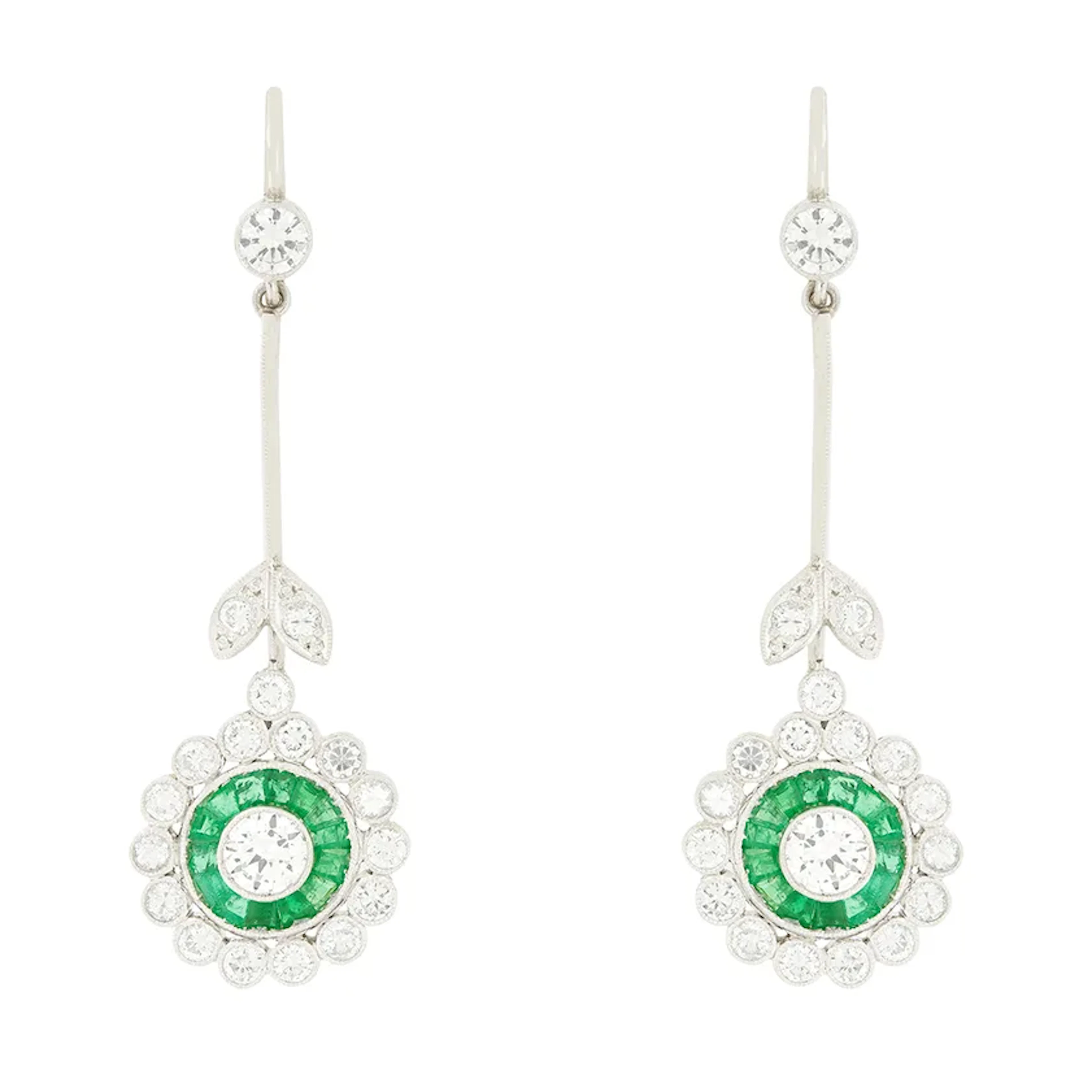 Late Deco 2.90ct Diamond and Emerald Target Drop Earrings, c.1940s