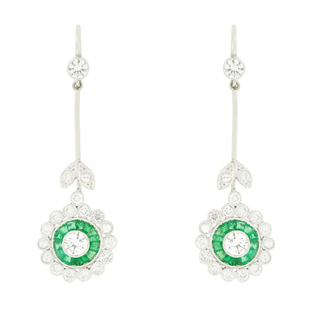 Late Deco 2.90ct Diamond and Emerald Target Drop Earrings, c.1940s