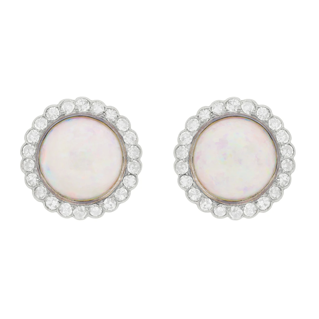 Vintage Opal and Diamond Cluster Earrings, c.1950s