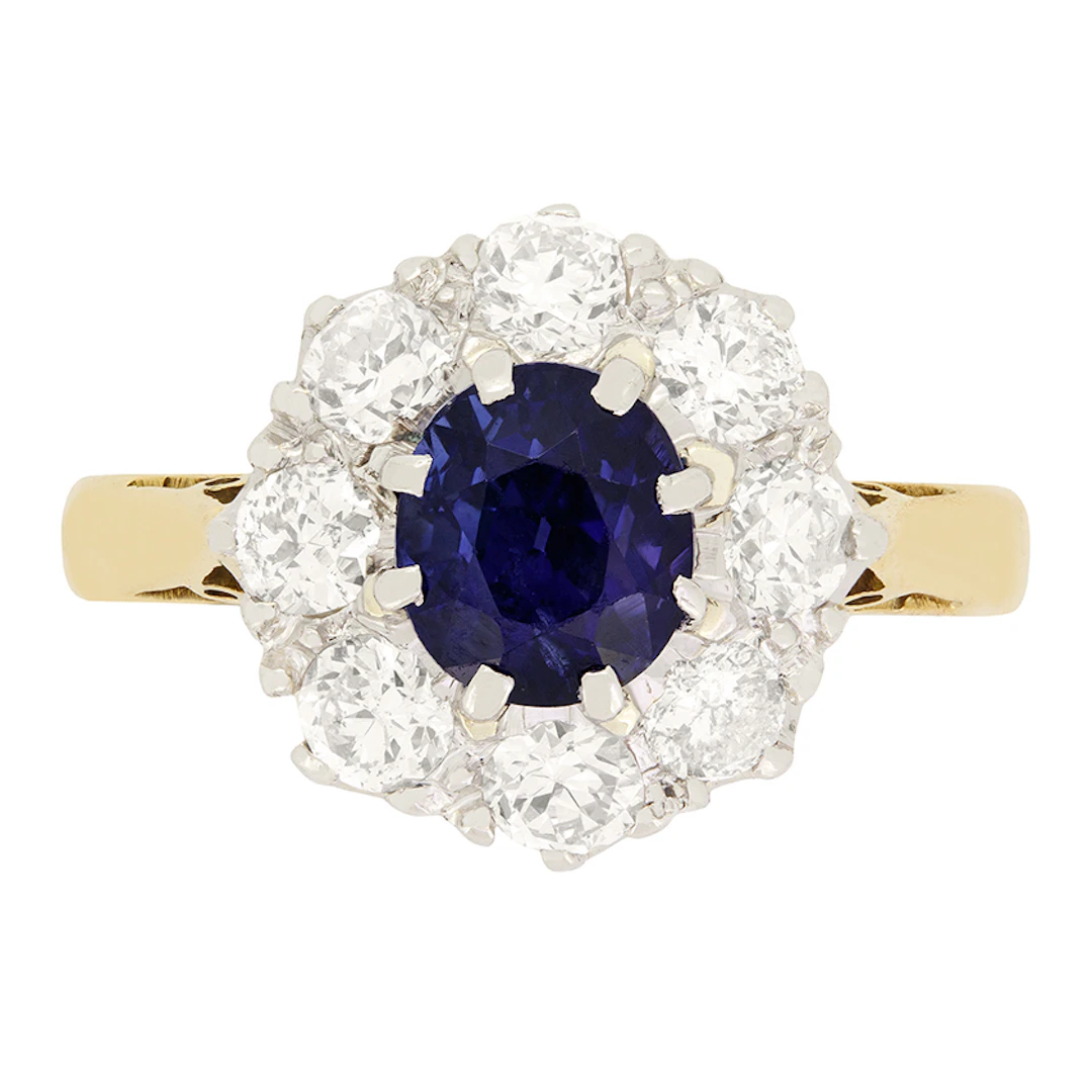 Edwardian 1.35ct Sapphire and Diamond Cluster Ring, c.1910s