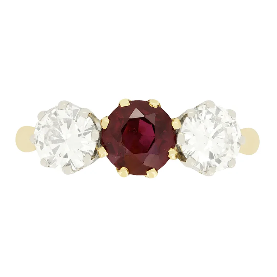 Vintage 0.85ct Ruby and Diamond Three Stone Ring, c.1960s