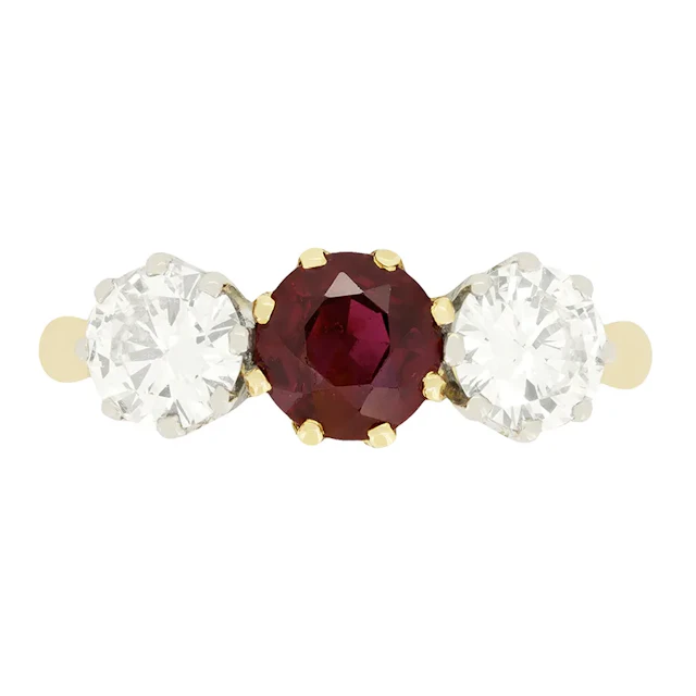 Vintage 0.85ct Ruby and Diamond Three Stone Ring, c.1960s