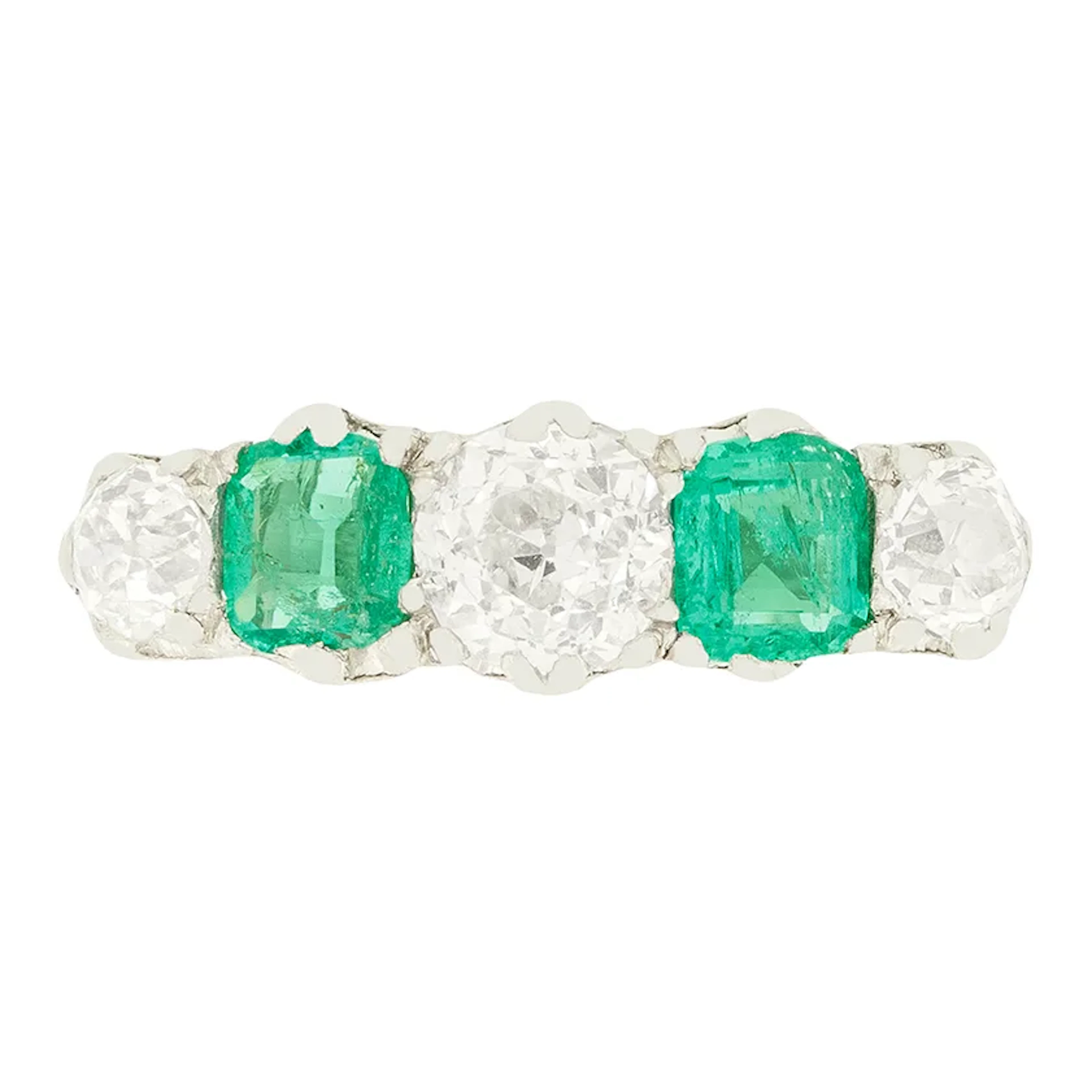 Art Deco 0.80ct Diamond and Emerald Five Stone Ring, c.1920s