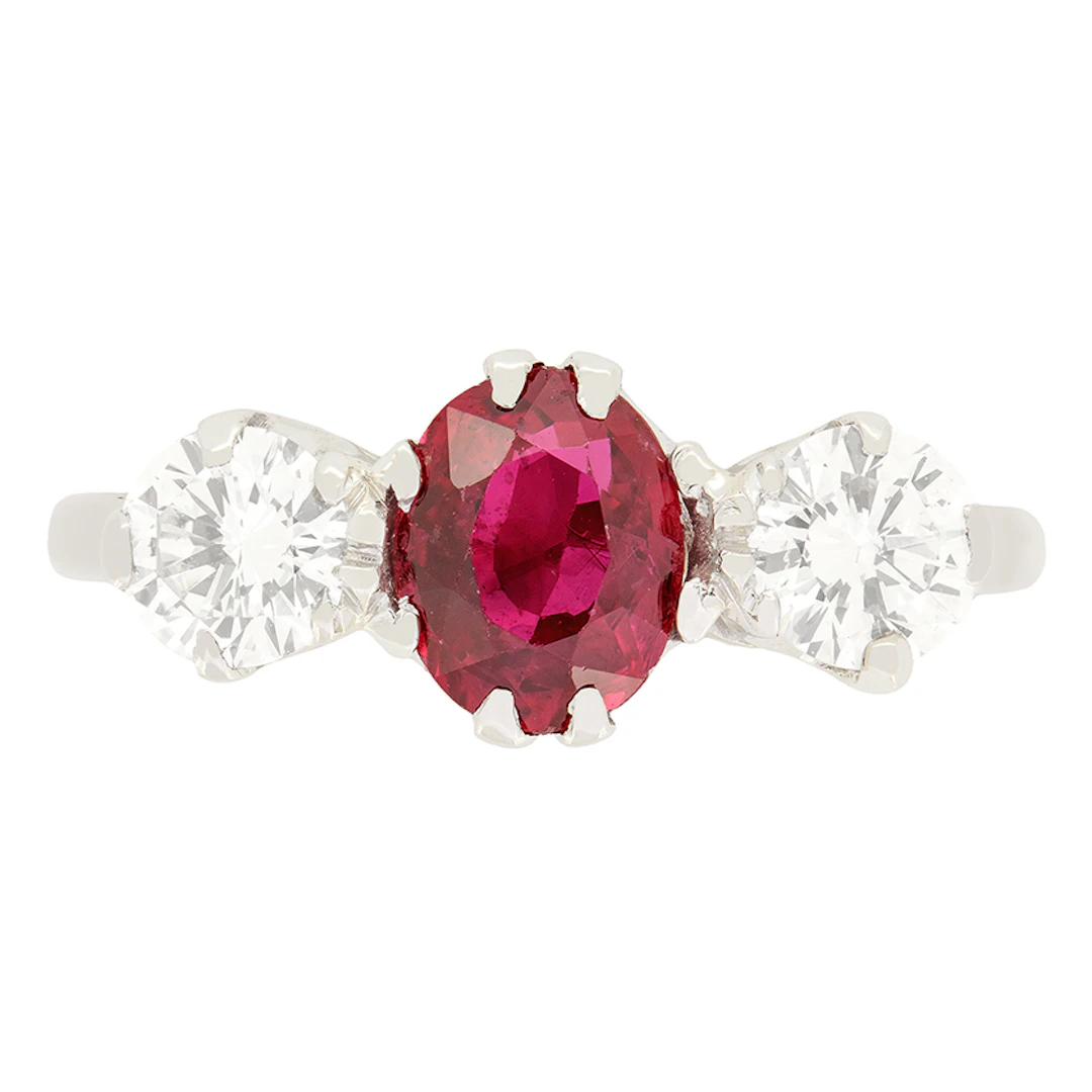 Late Deco 1.20ct Ruby and Diamond Trilogy Ring, c.1940s