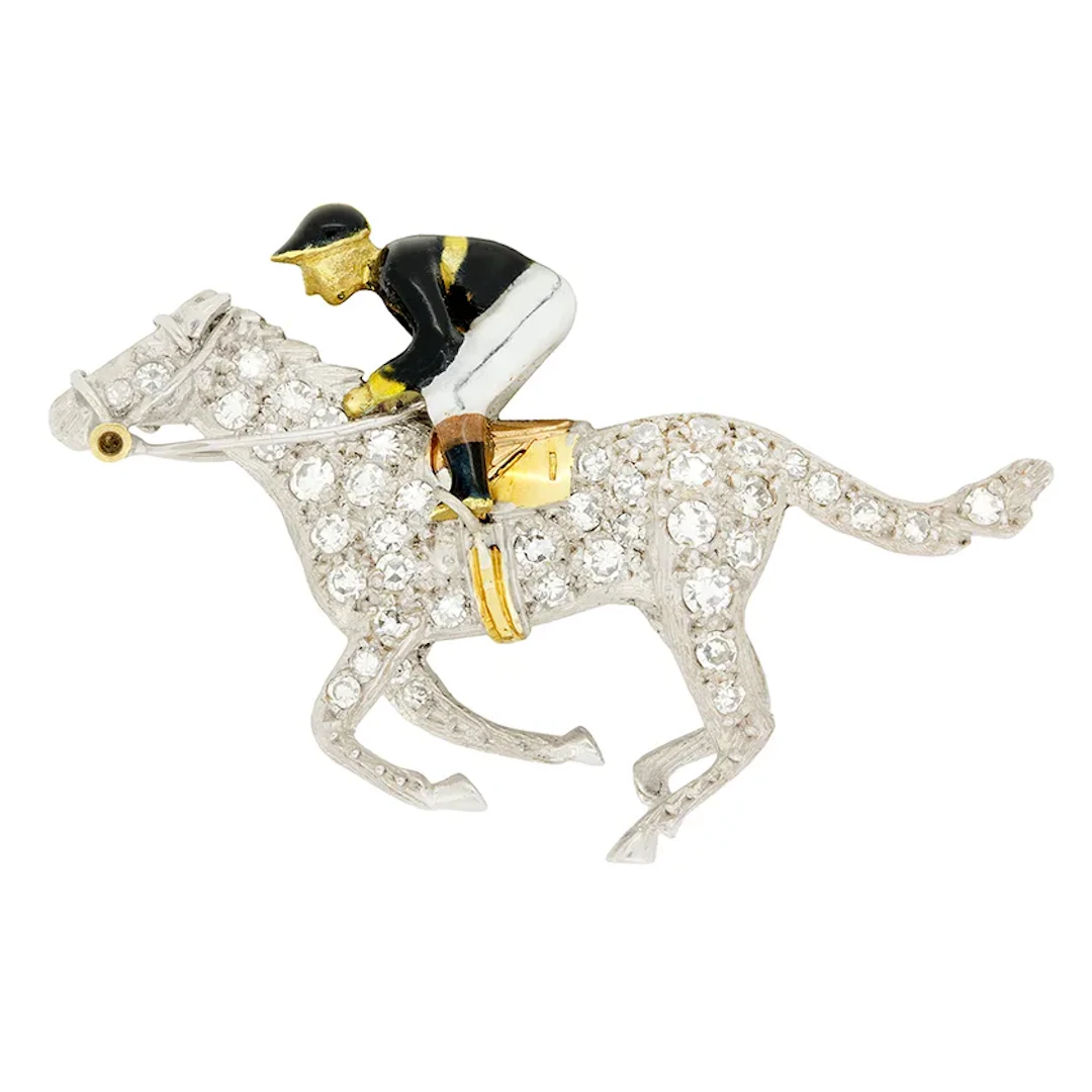 Late Deco 0.55ct Diamond Horse and Jockey Brooch, c.1930s