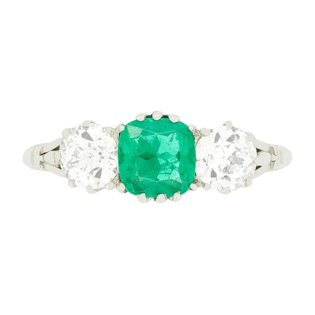 Art Deco 0.65ct Emerald and Diamond Three Stone Ring, c.1920s