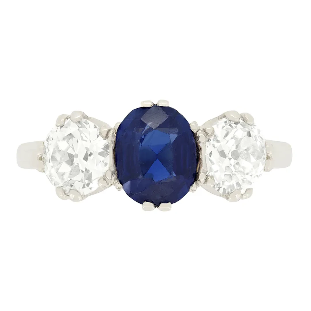 Edwardian 1.30ct Sapphire and Diamond Three Stone Ring, c.1910s