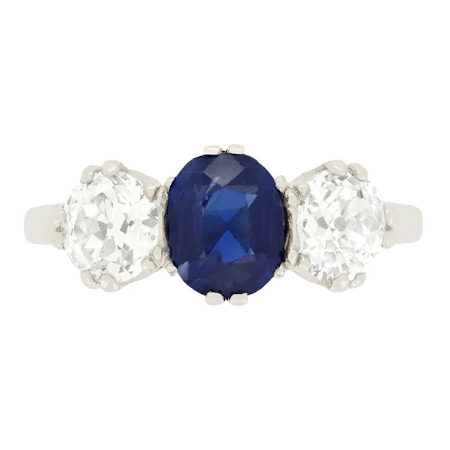 Edwardian 1.30ct Sapphire and Diamond Three Stone Ring, c.1910s