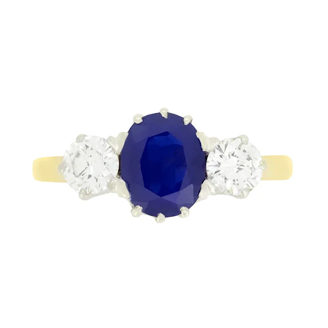 Vintage 1.30ct Sapphire and Diamond Three Stone Ring, c.1950s