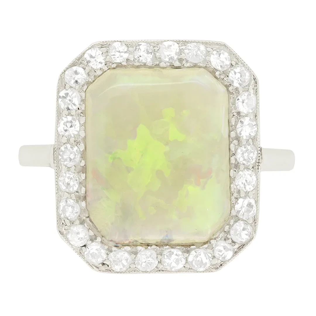 Art Deco 1.40ct Opal and Diamond Halo Ring, c.1920s