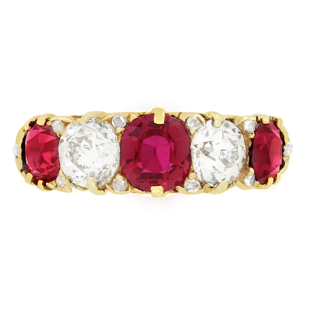 Victorian 2.50ct Ruby and Diamond Five Stone Ring, c.1880s
