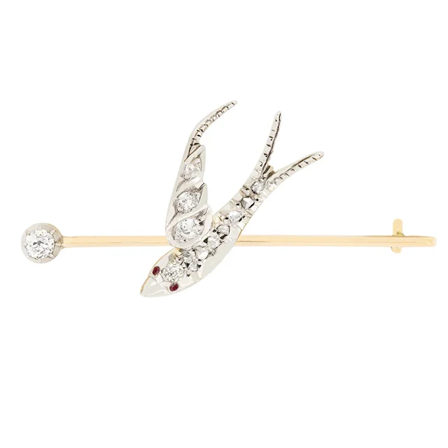 Victorian 0.25ct Diamond and Ruby Bird Brooch, c.1880s