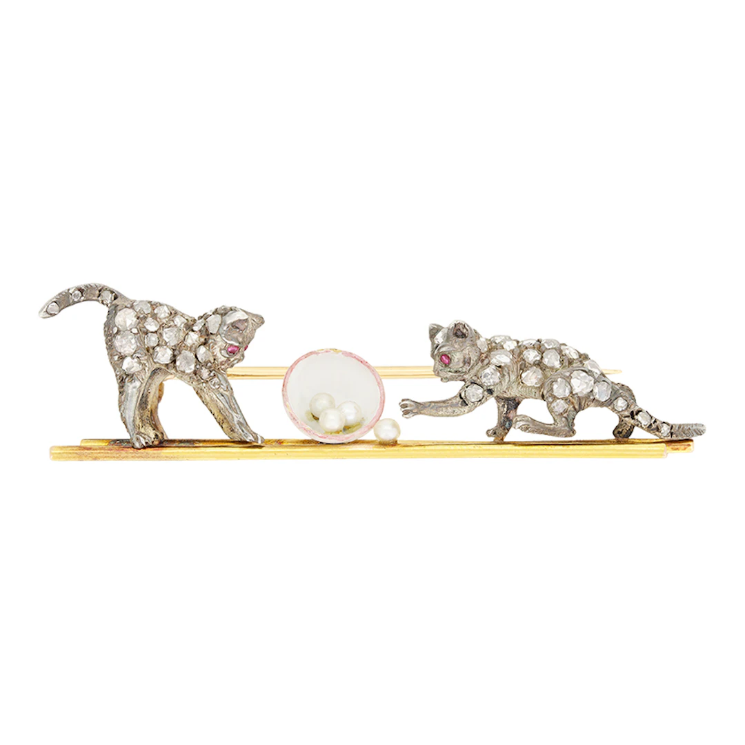 Belle Époque 0.60ct Diamond and Pearl Cat Brooch, c.1880s