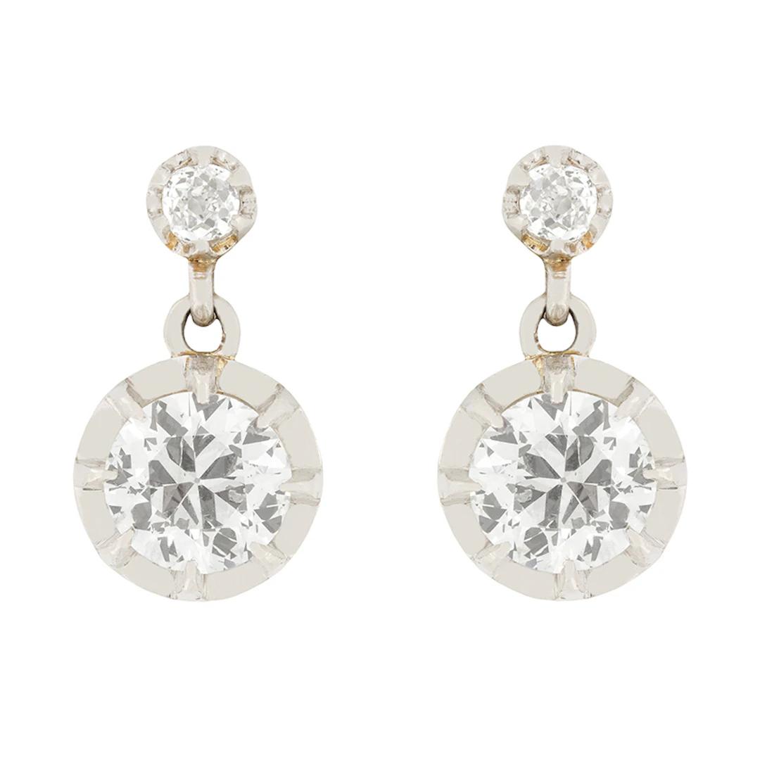 French 2.00ct Old Cut Diamond Earrings, c.1910s