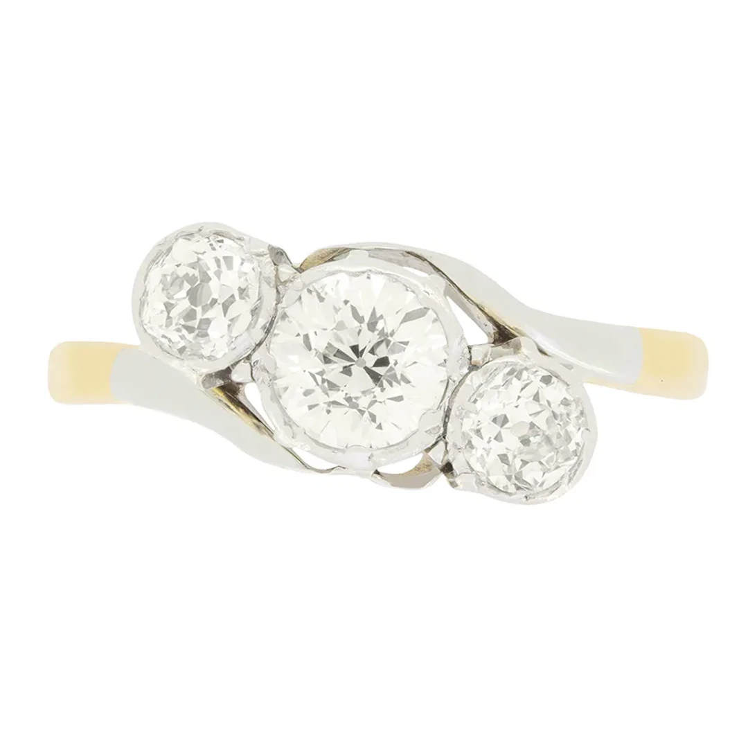 Edwardian 1.10ct Diamond Three Stone Twist Ring, c.1910s