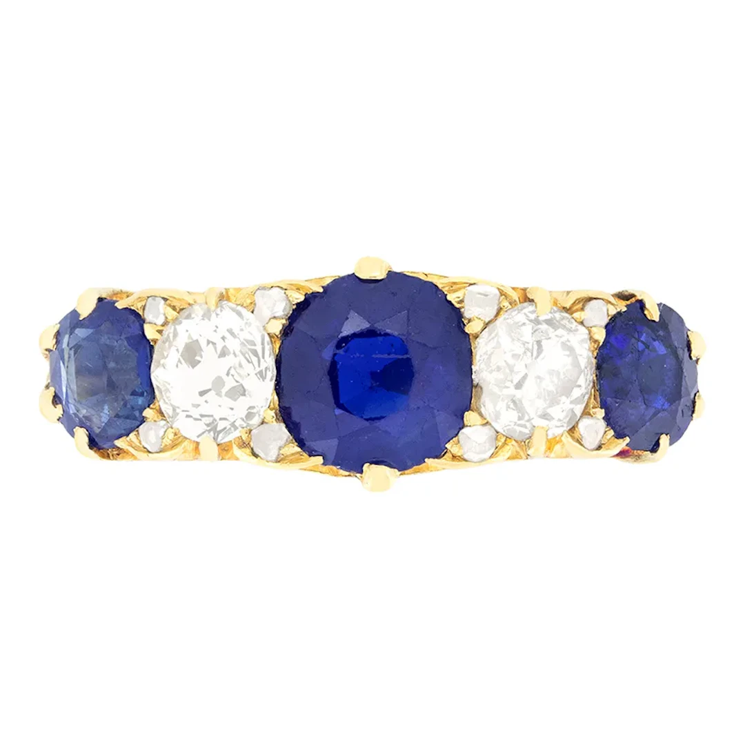 Victorian 2.60ct Sapphire and Diamond Five Stone Ring, c.1896