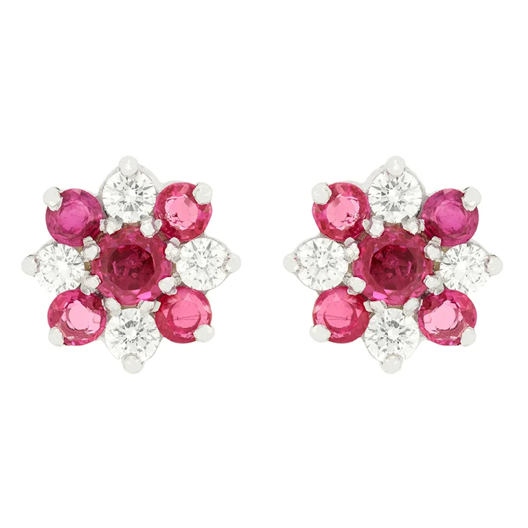 Vintage 2.00ct Ruby and Diamond Cluster Earrings, hallmarked 1978